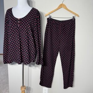 Betsey Johnson Fleece Pajamas Set Womens Large Black Pink Polka Dot Cozy Comfy